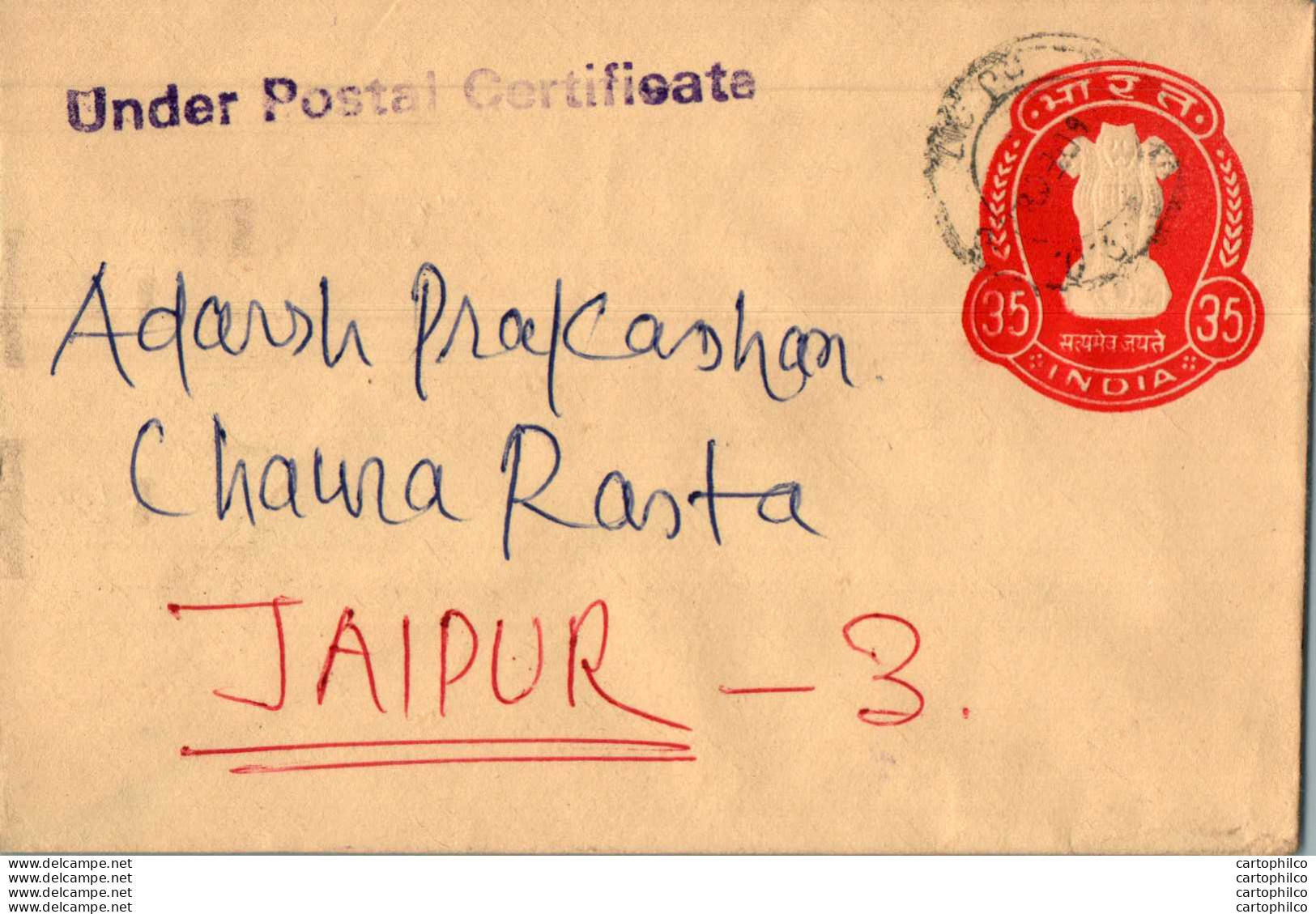 India Postal Stationery Ashoka Tiger 35 To Jaipur - Cartes Postales