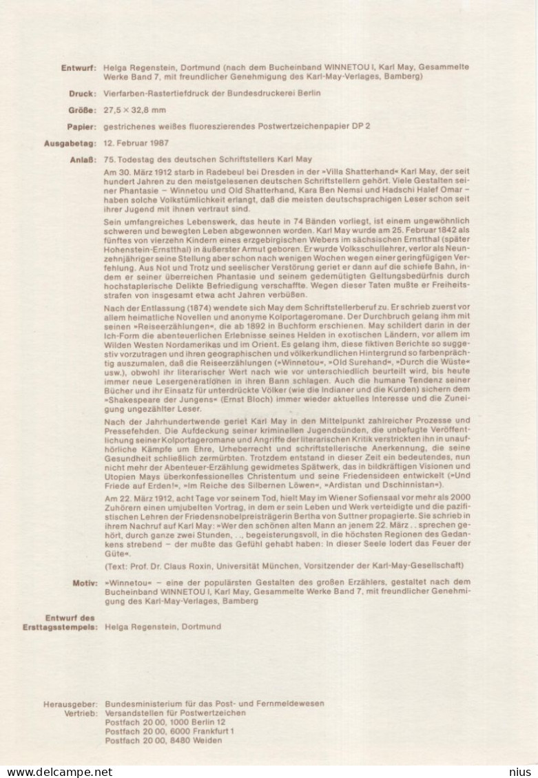 Germany Deutschland 1987-8 Karl May, Author Writer, Winnetou, Canceled In Bonn - 1981-1990