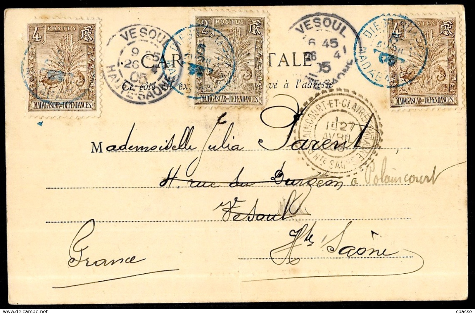 1905 CPA Déposé à DIEGO-SUAREZ Madagascar, Affranchissement Composé, Pour 70 Vesoul, Réexpédiée à POLAINCOURT (cachets) - Covers & Documents