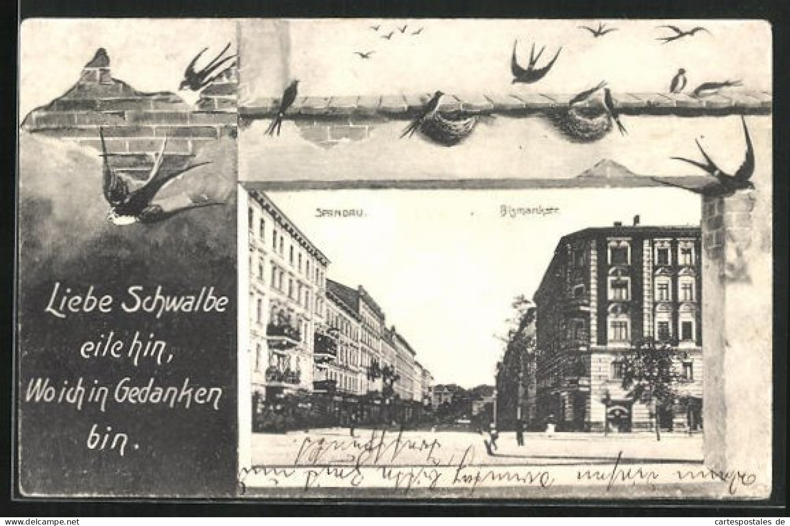 Lithographie Spandau, Bismarkstrasse, Schwalben  - Spandau