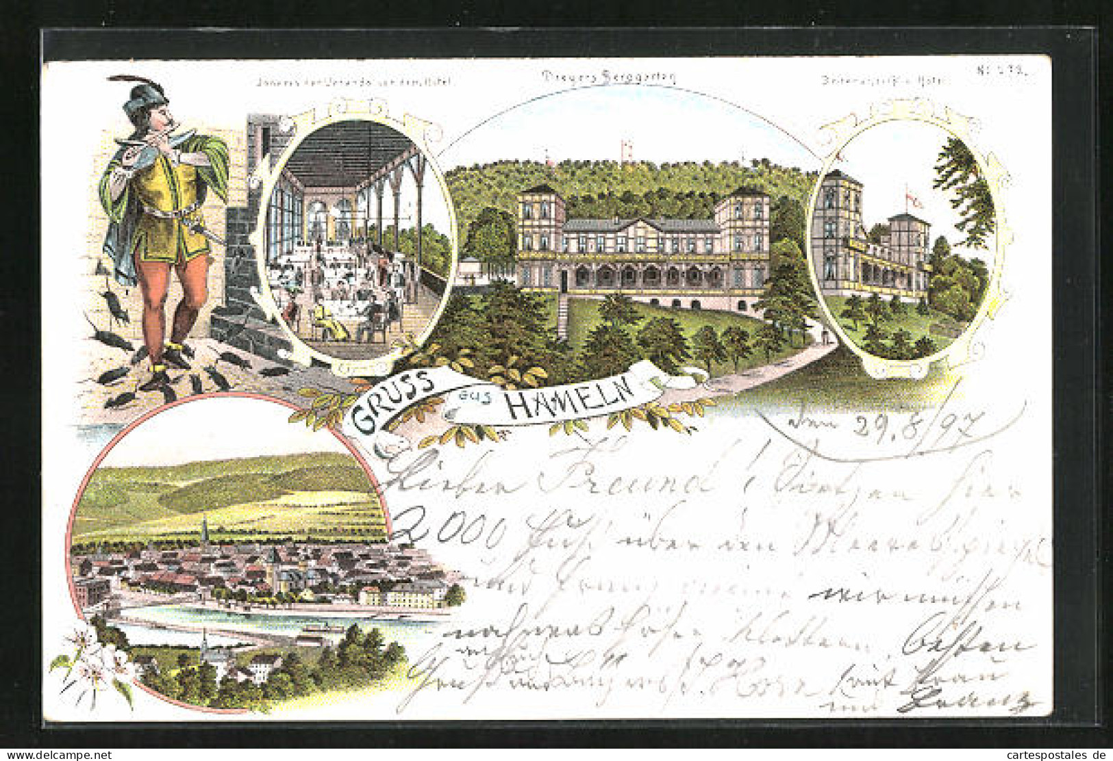 Lithographie Hameln, Hotel Dreyers Berggarten, Veranda, Flusspartie Mit Dampfer  - Hameln (Pyrmont)