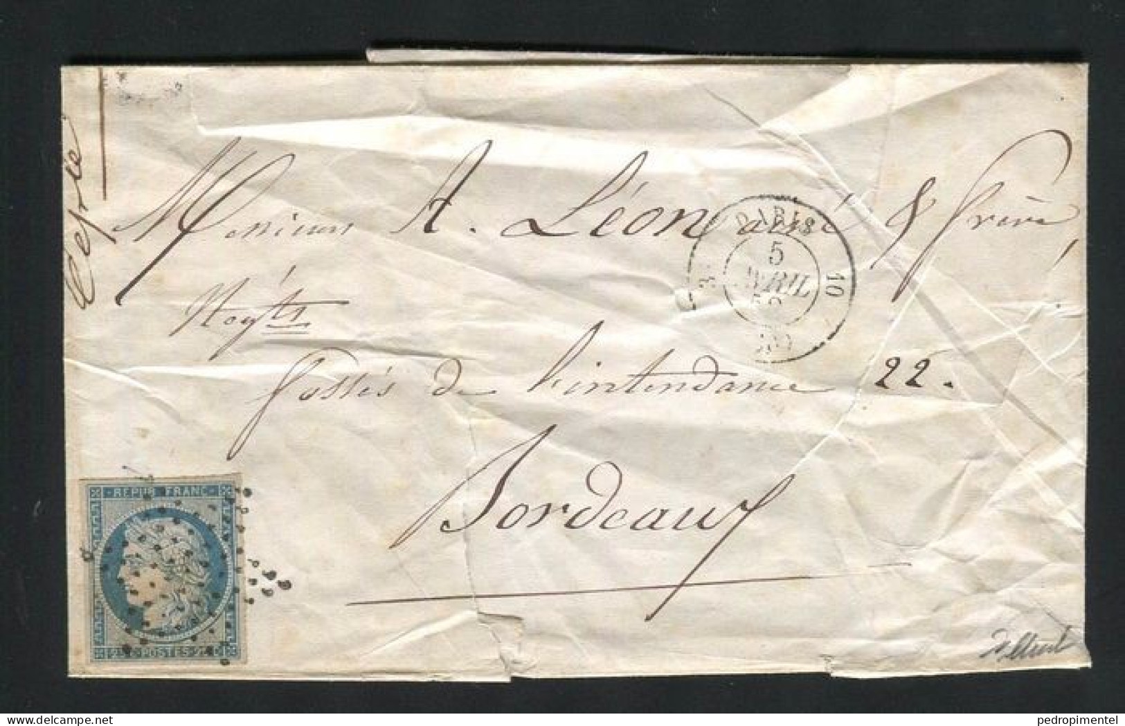 France |1852 | Letter From Paris To Bordeaux | #4 - 1849-1850 Ceres