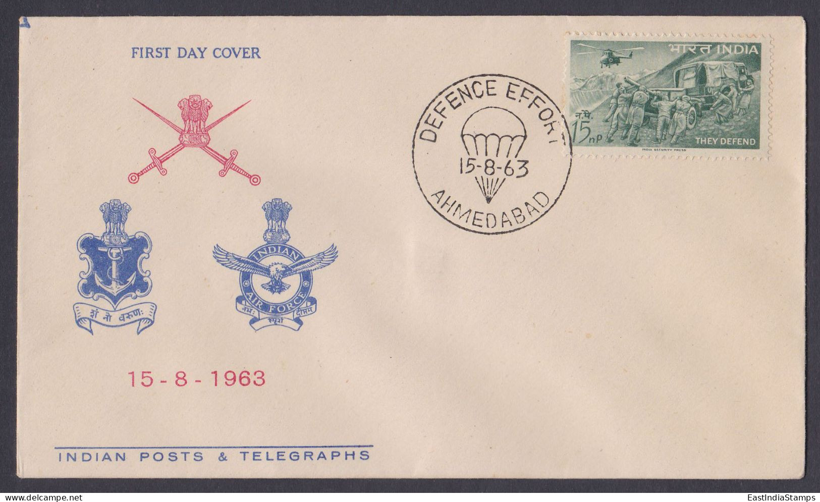 Inde India 1963 FDC DEfence Effort, Army, Helicopter, Mountain, Armed Forces, Mountains, Jeep, Artillery First Day Cover - Lettres & Documents