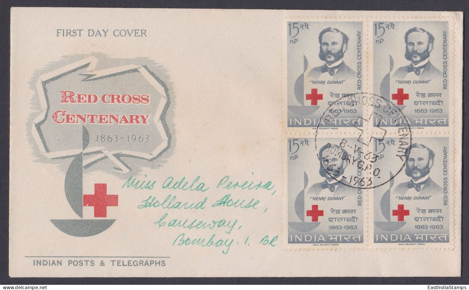 Inde India 1963 Used FDC Red Cross, Henri Dunant, FIrst Day Cover - Covers & Documents