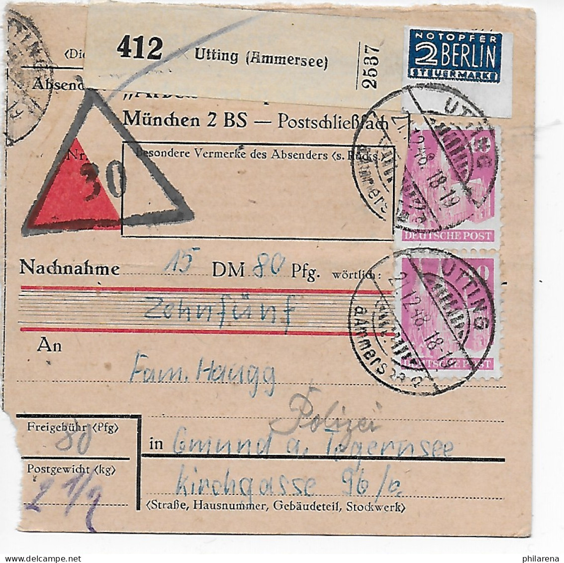 Paketkarte Nachnahme Utting/Ammersee An Polizei Gmund/Tegernesee, 1948 - Briefe U. Dokumente