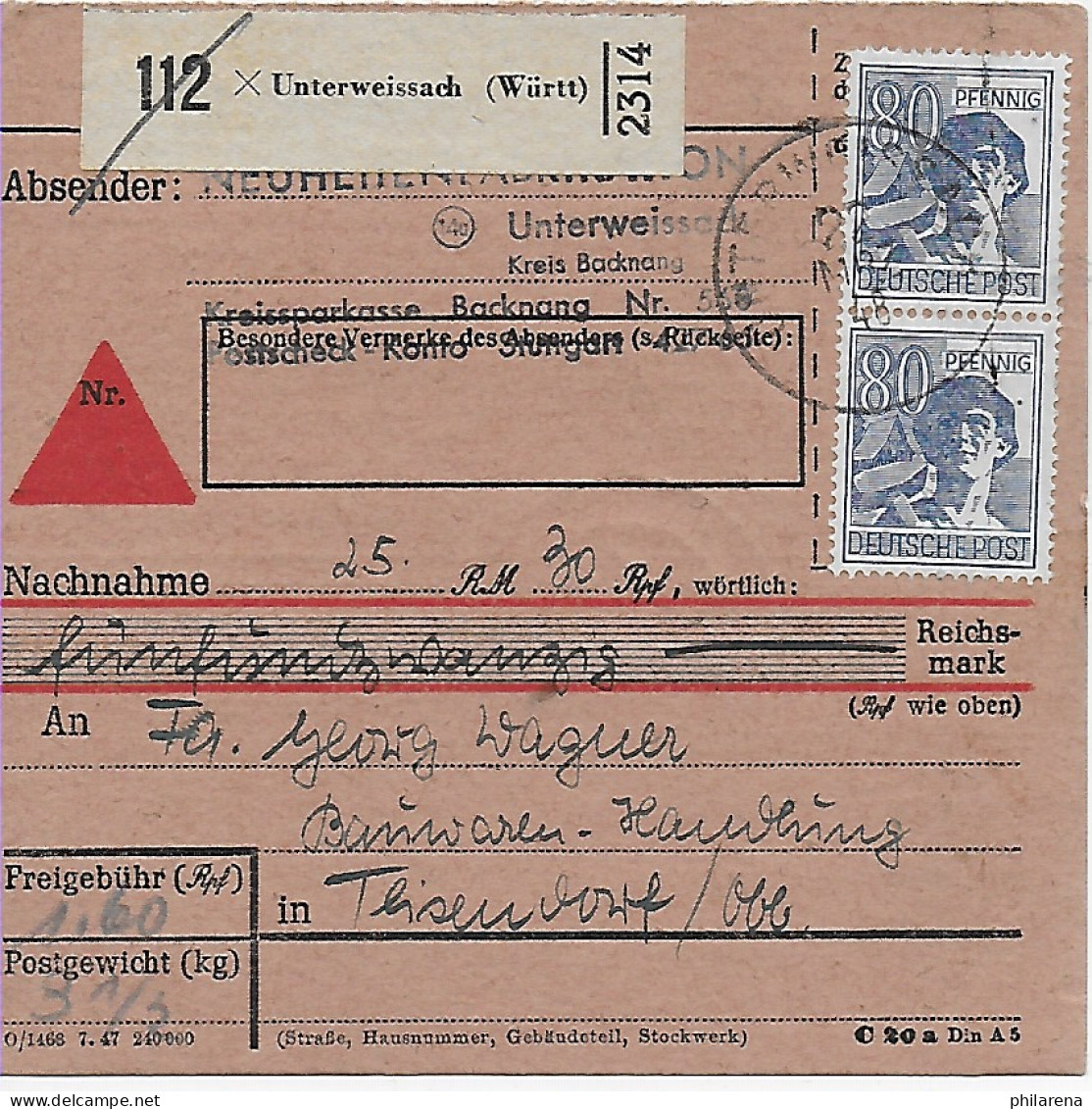 Paketkarte Nachnahme Unterweissach/Württ, Nach Teisendorf 1948, MeF - Cartas & Documentos