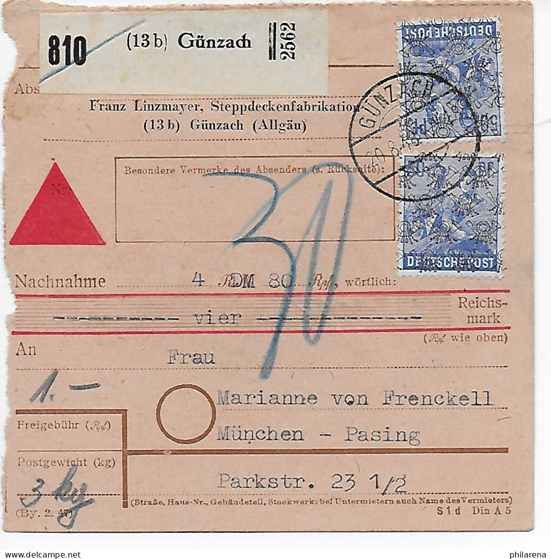 Paketkarte Nachnahme, Absendereindruck Günzach Nach Pasing 1948, MeF - Covers & Documents