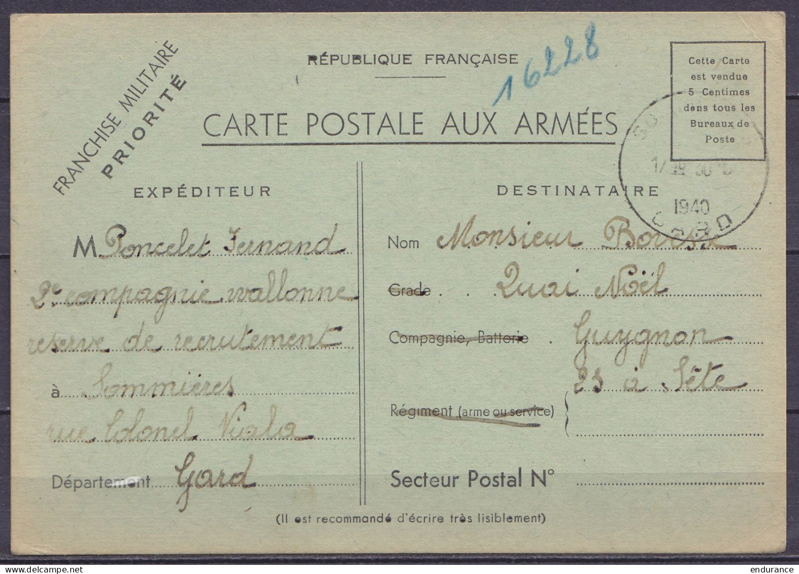 "Carte Postale Aux Armées" D'un Militaire 2e Compagnie Wallone Pour Gouverneur Belge à SETE - Càd SOMMIERES /30 V 1940 ( - Oorlog 40-45 (Brieven En Documenten)