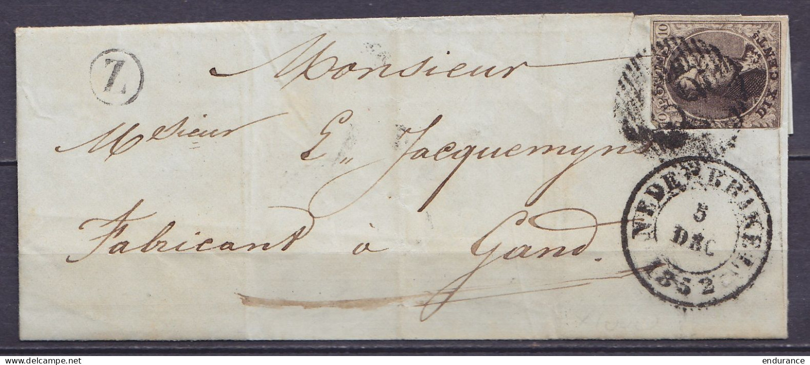 L. De Sint-Maria-Lierde Affr. N°6 Distr. 39 Càd NEDERBRAKEL /5 DEC1852 Pour GAND - Boîte Rurale "Z" (au Dos: Càd Arrivée - 1851-1857 Medallions (6/8)