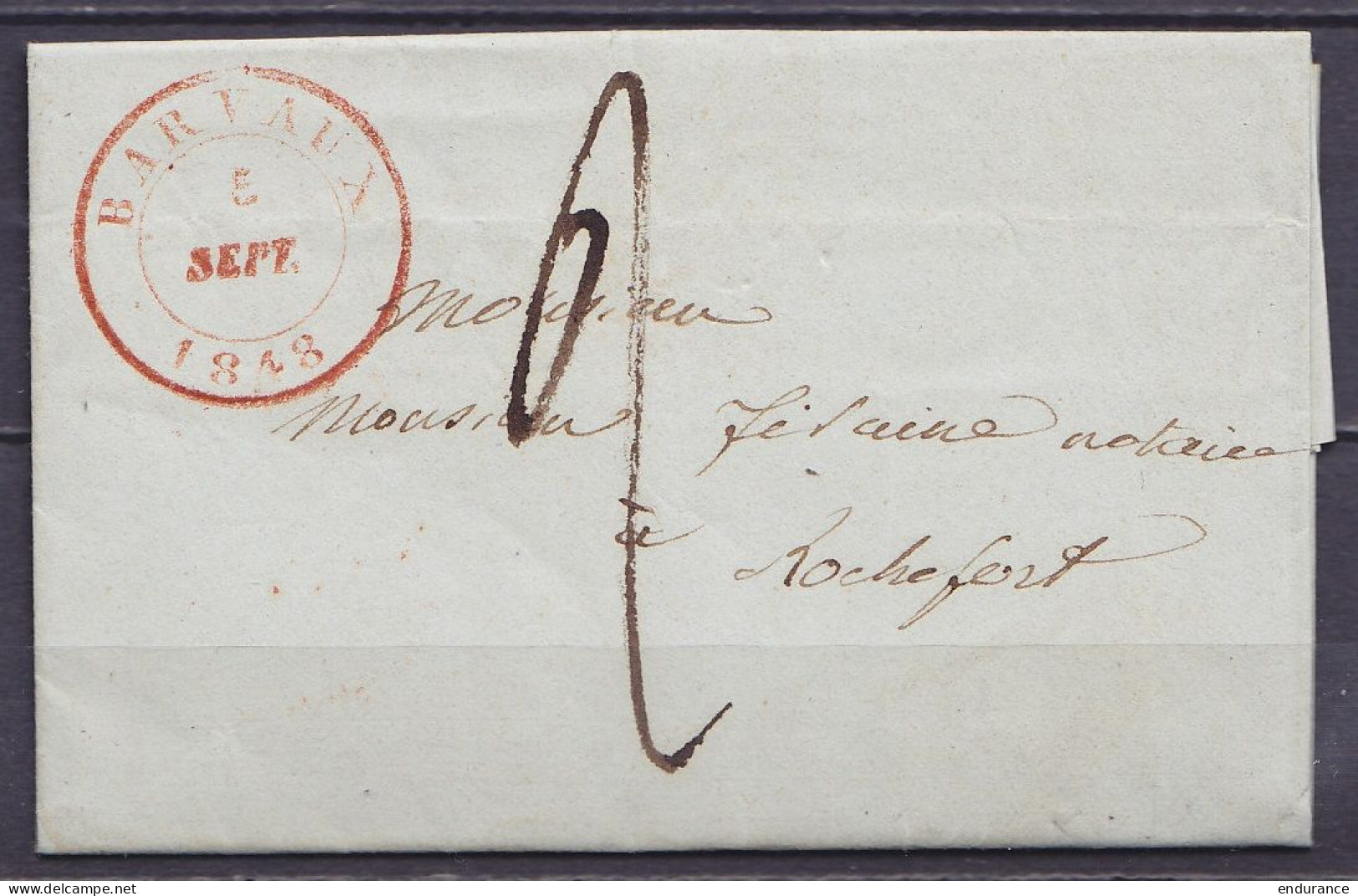 L. Càd BARVAUX /5 SEPT. 1848 Pour ROCHEFORT - Port "2" (au Dos: Càd Arrivée ROCHEFORT) - 1830-1849 (Belgique Indépendante)