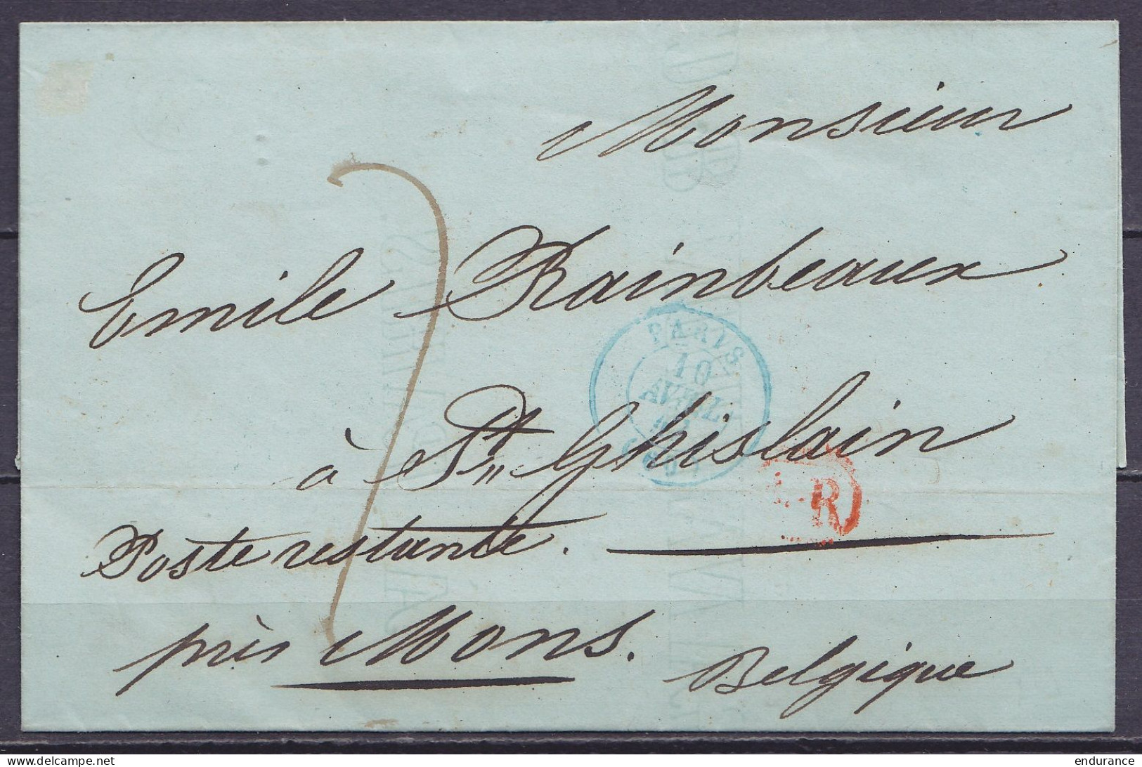 LSC (sans Contenu) Càd Bleu PARIS /10 AVRIL 1841 Pour Poste Restante à ST-GHISLAIN Près MONS - Marque "4.R' - Port "7" ( - 1830-1849 (Independent Belgium)