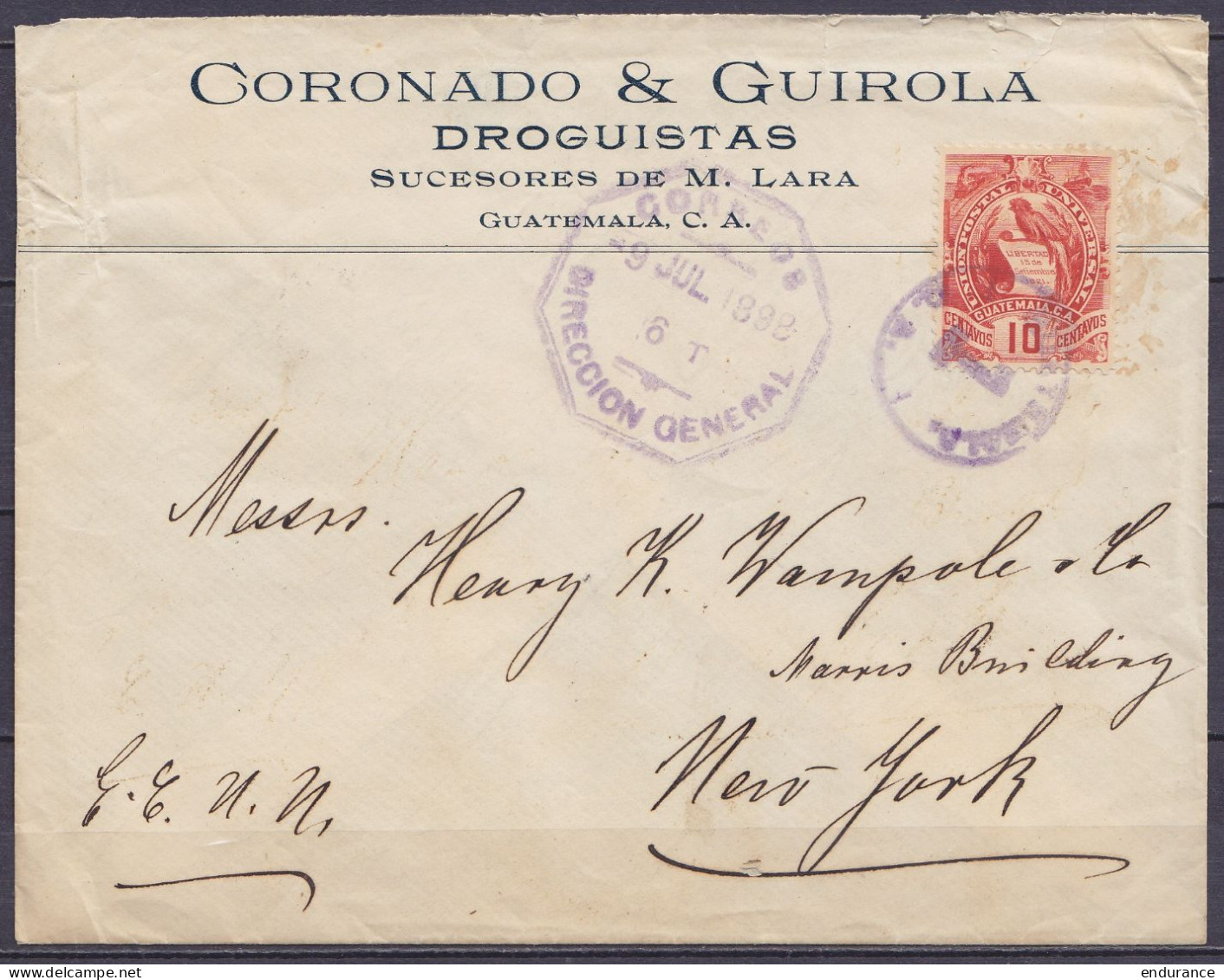 Guatemala - Env. "Coronado & Guirola - Droguistas" Affr. 10c Oblit. "GUATEMALA /1/ Q.A." Càd Octogon. "CORREOS /-9 JUL 1 - Guatemala