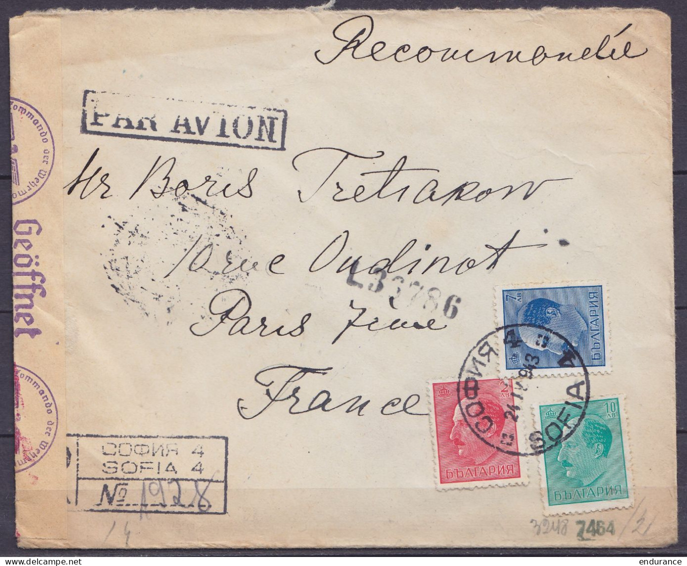 Bulgarie - Env. Recommandée Par Avion Affr. 19L Càd SOFIA /24.IV1943 Pour PARIS - Bande Et Cachets Censure Allemande - Covers & Documents