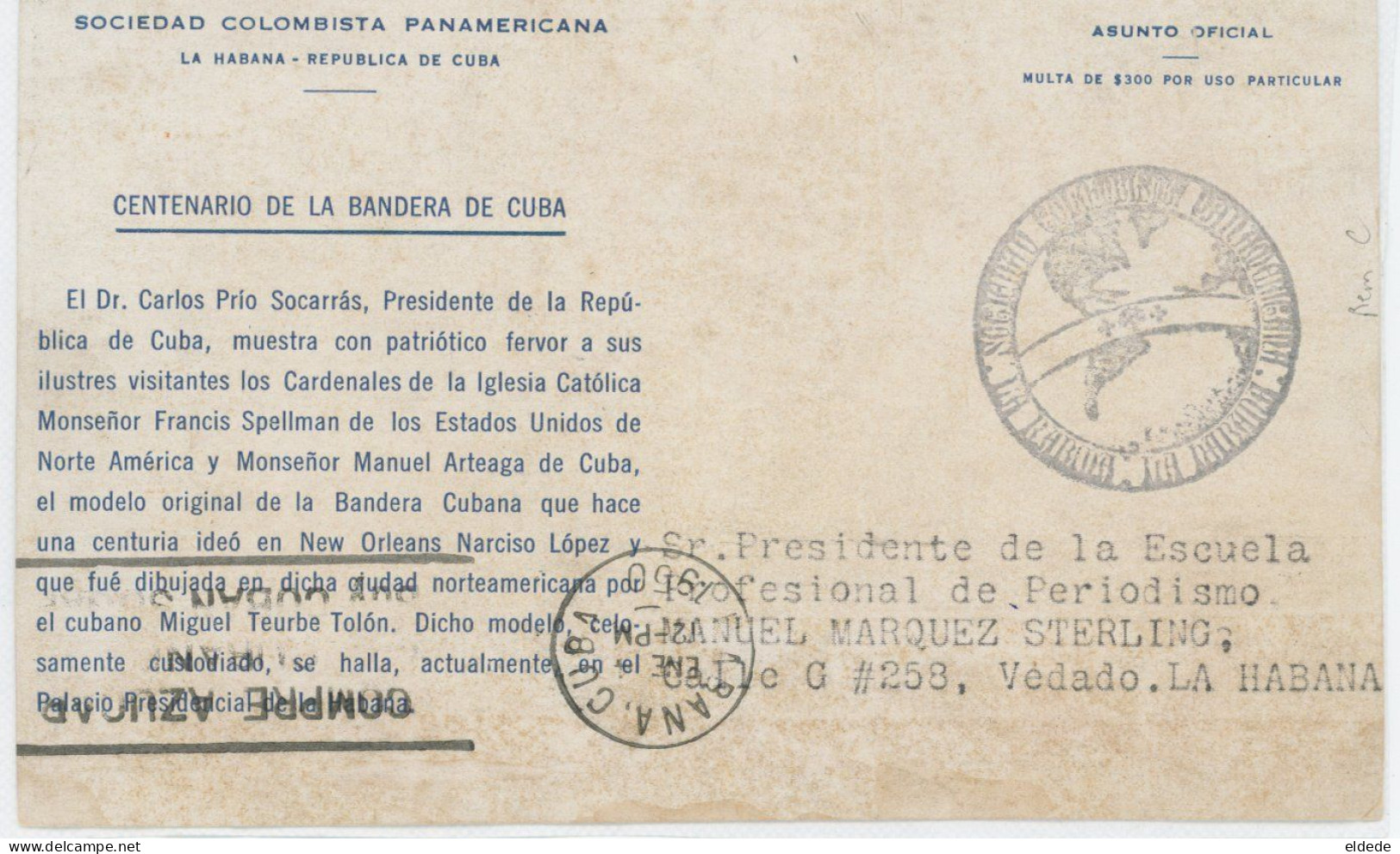Sociedad Colombista Panamericana Centenario Bandera Prio Socarras , Francis Spellman , Manuel Arteaga 1950 - Cuba