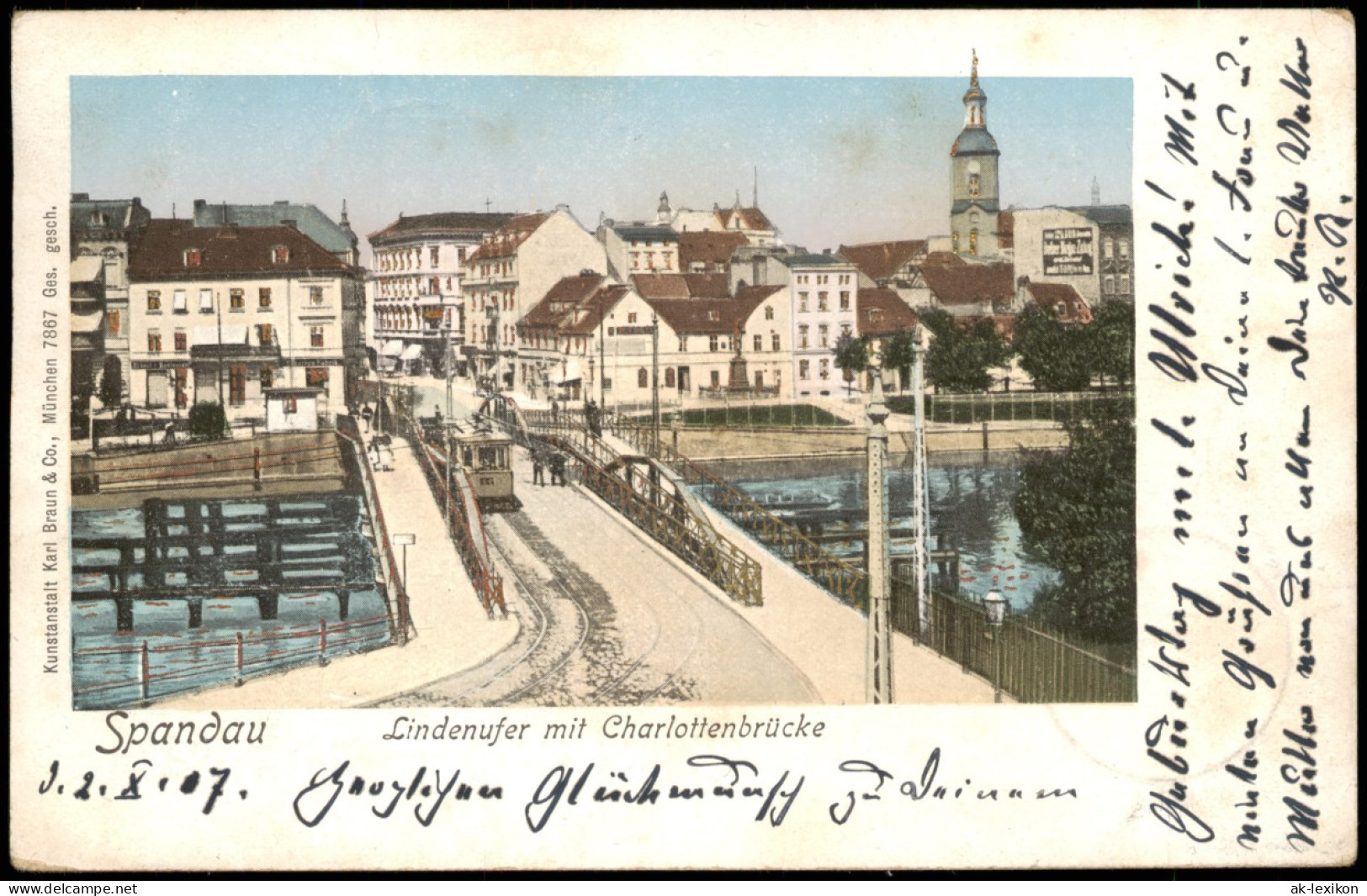 Ansichtskarte Spandau-Berlin Lindenufer, Straßenbahn - Goldfenster AK 1907 - Spandau