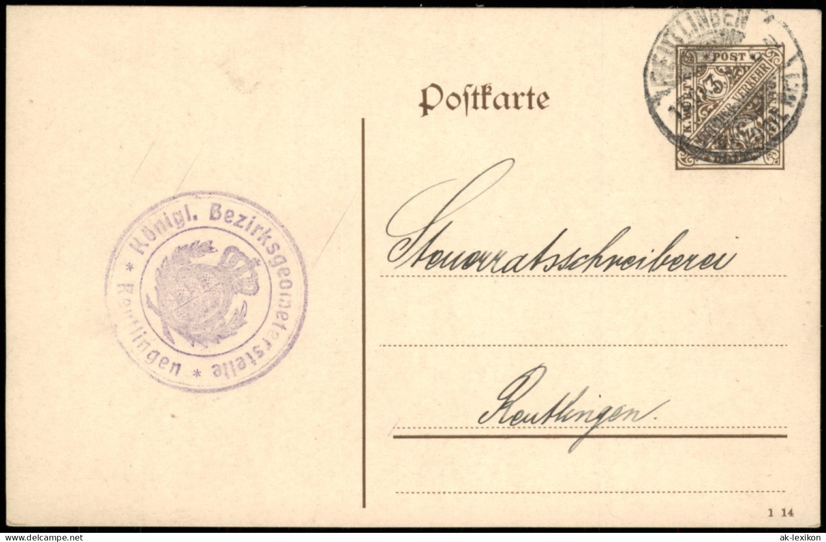 Ganzsache  Reutlingen Stempel Bezirksgeometerstelle (Heimatbeleg) 1914 - Reutlingen