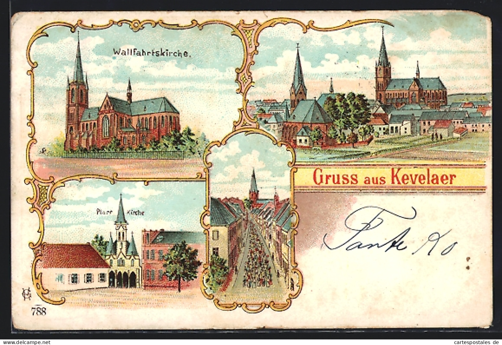 Lithographie Kevelaer, Wallfahrtskirche, Pfarrkirche, Strassenpartie  - Kevelaer