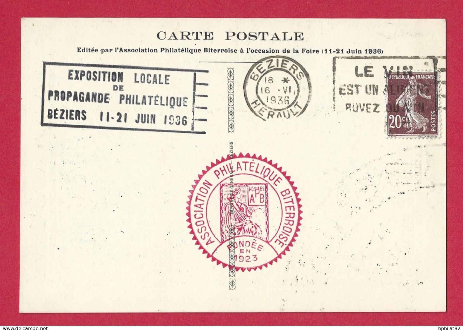 !!! CARTE POSTALE DE L'EXPOSITION DE PROPAGANDE PHILATÉLIQUE DE BÉZIERS DE JUIN 1936, AVEC PUBLICITÉ - Esposizioni Filateliche