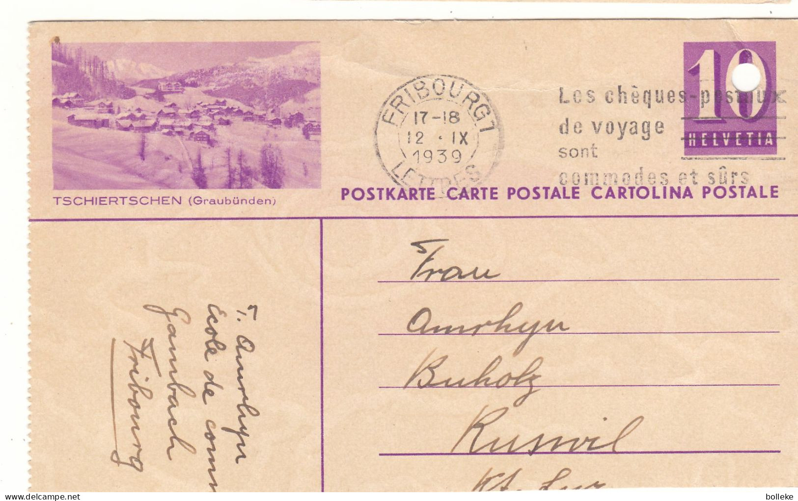 Suisse - Carte Postale De 1939 - Entier Postal - Oblit Fribourg - Exp Vers Ruswil - Zurich - - Briefe U. Dokumente