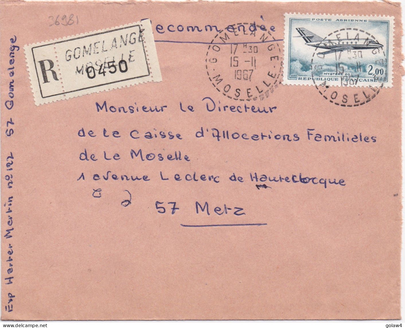 36981# LETTRE FRANCHISE PARTIELLE RECOMMANDE Obl GOMELANGE MOSELLE 1967 Pour METZ 57 - Storia Postale