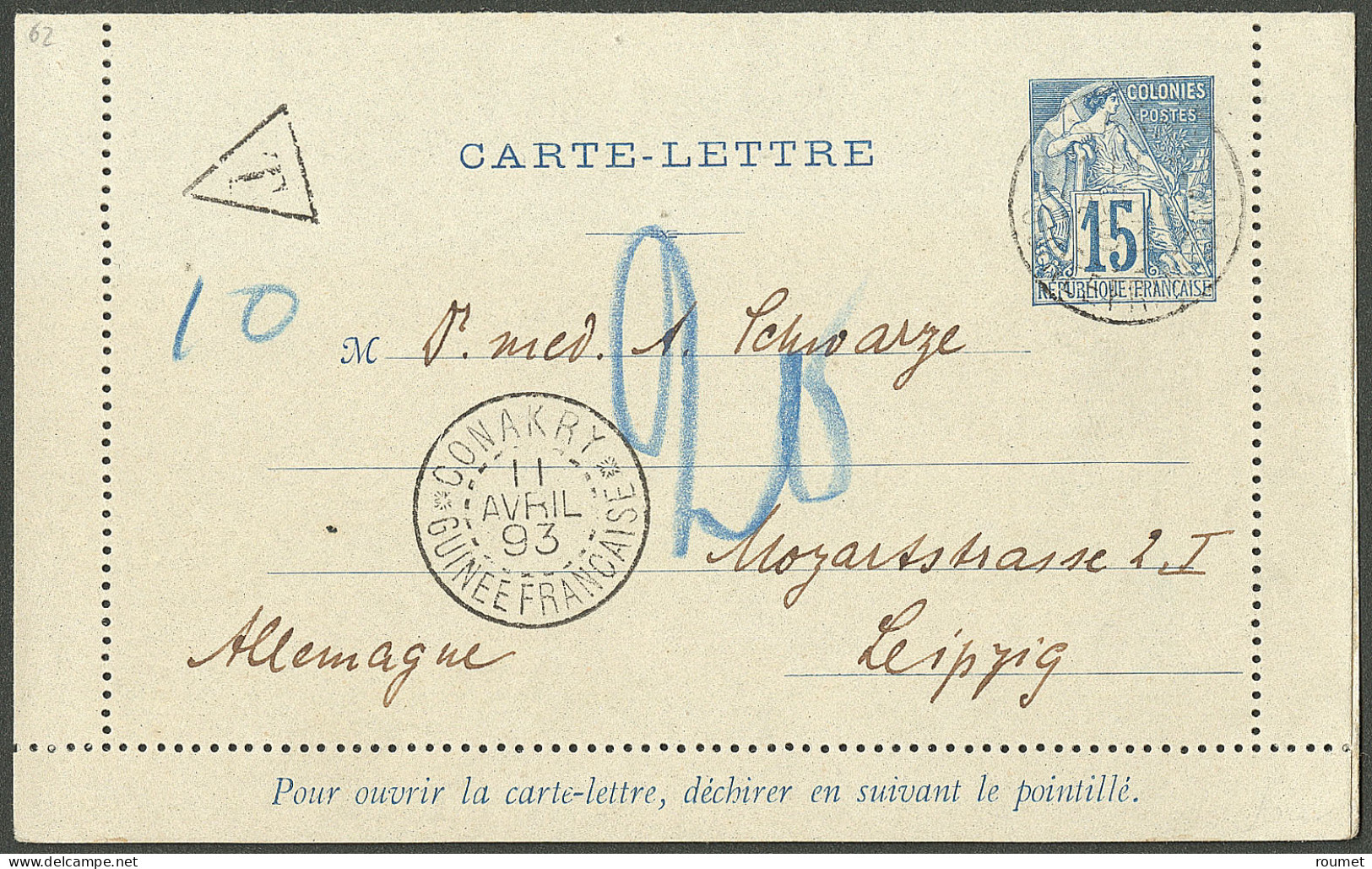 Lettre Cad "Conakry/Guinée Française". Entier 15c Bleu Insuffisamment Affranchi Pour L'Allemagne Taxé 20, 1893. - TB. -  - Other & Unclassified