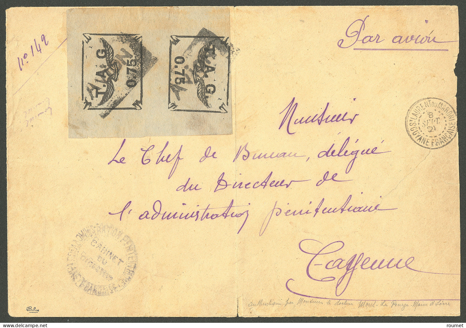 Lettre Tête-bêche. TAG PA No 4Aa Paire Verticale Cdf. Cad "St Laurent Du Maroni/Guyane  Française". Enveloppe Adressée à - Autres & Non Classés