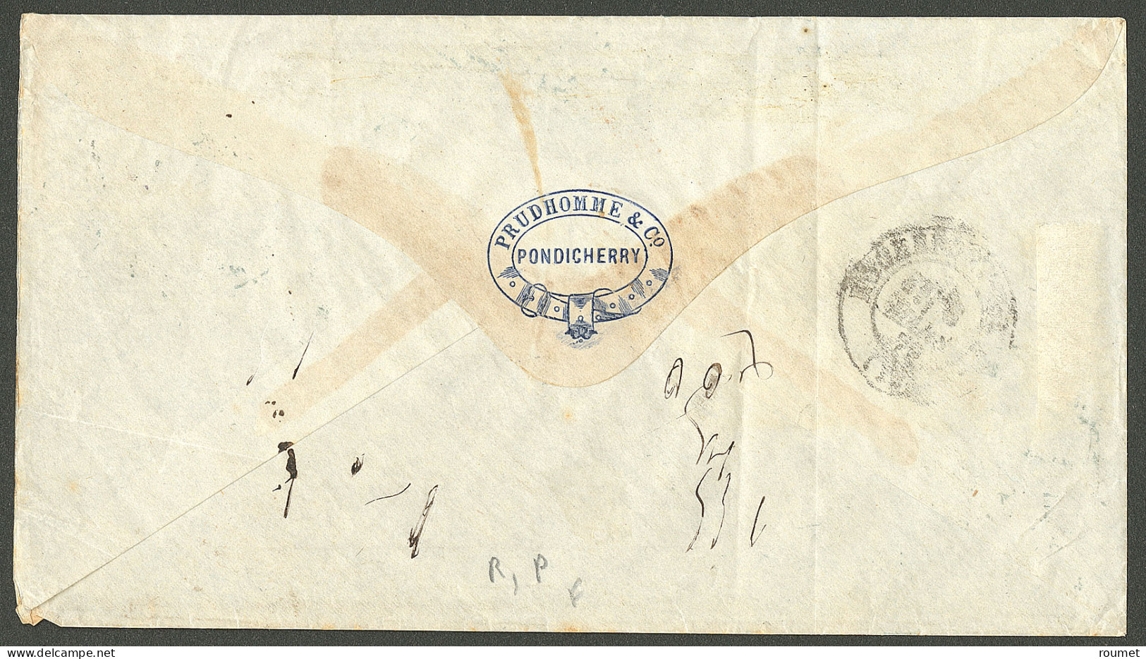 Lettre Cad Bleu "Inde/Pondichéry". CG Nos 17 + 32 + 34 Sur Lettre Pour Rochefort, 1879. TB. - R. - Autres & Non Classés
