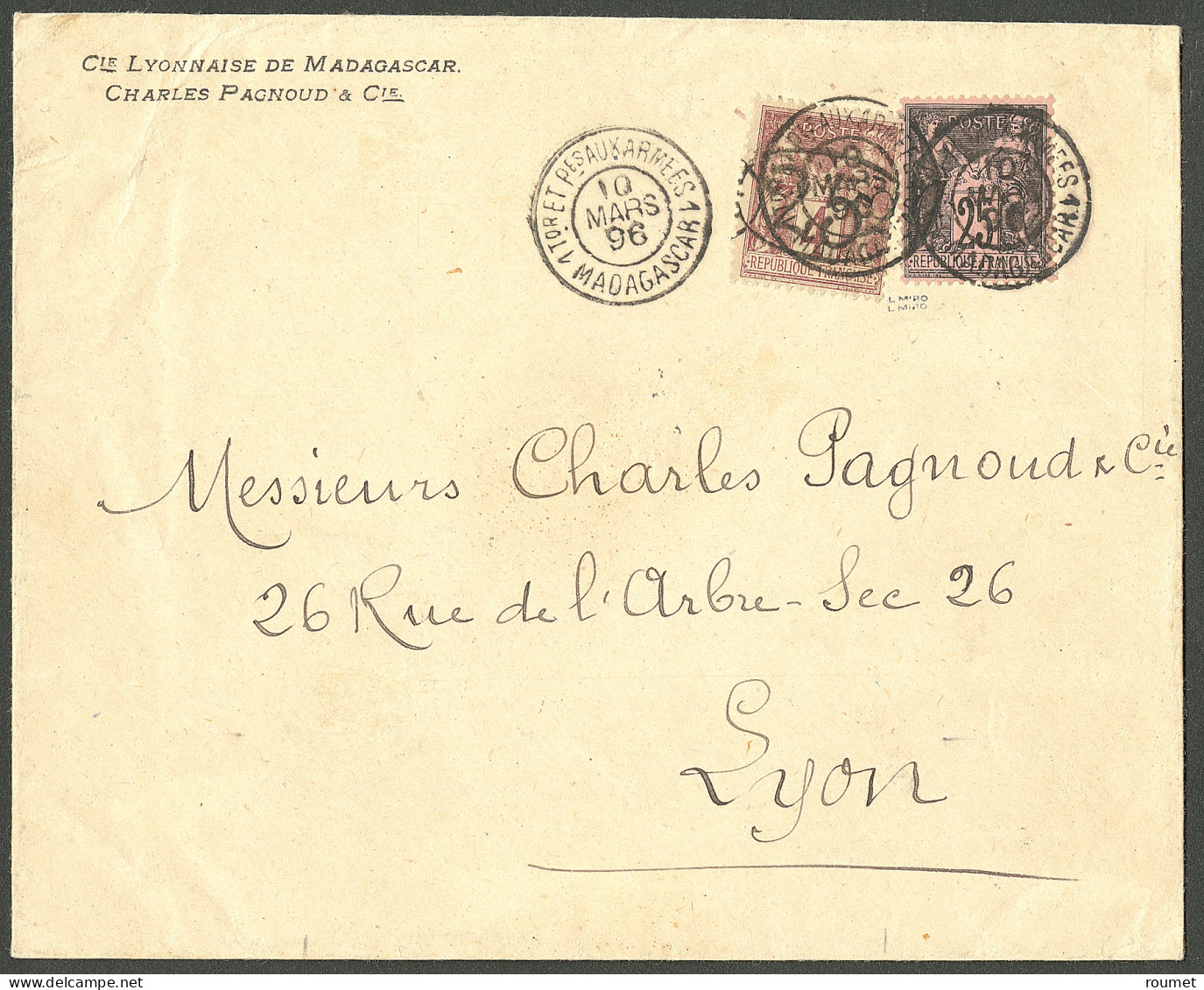 Lettre Ellipse. No 26 + France 97. Cad "1Tor Et Pes Aux Armées 1/Madagascar".  Enveloppe Pour Lyon, 1896. - TB. - RRR - Other & Unclassified