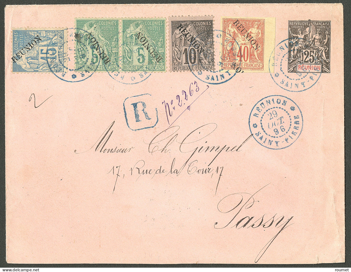 Lettre Cad "Réunion/Saint Pierre". Entier 25c + Nos 14 + 20 Paire + 21 + 22 Sur Enveloppe Recommandée Pour Passy, 1896.  - Autres & Non Classés