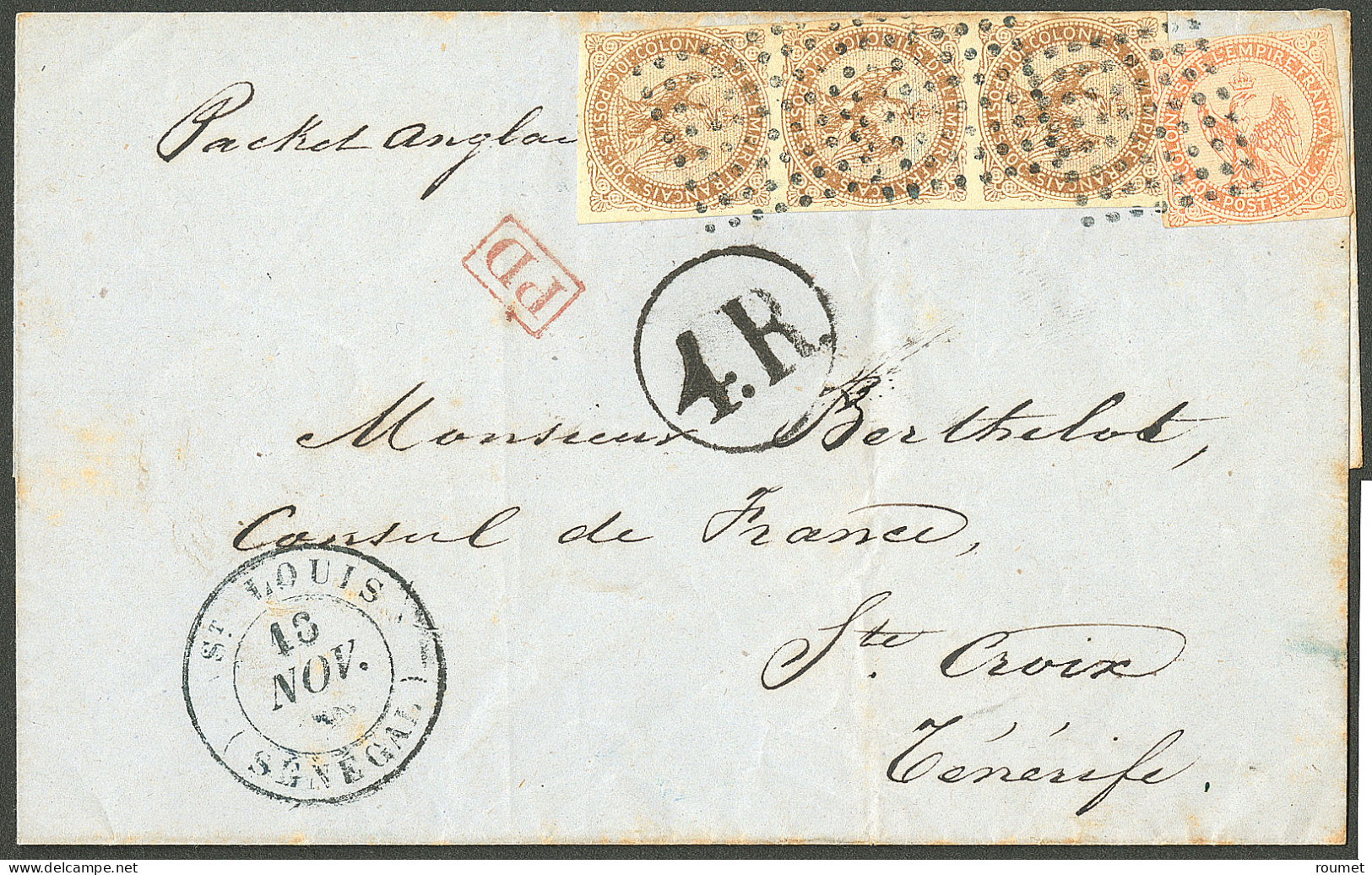 Lettre Losange Noir Et Cad "St Louis/(Sénégal). CG Nos 3 Bande De Trois + 5 Sur Lettre Pour Ste Croix De Tenerife. A L'a - Other & Unclassified