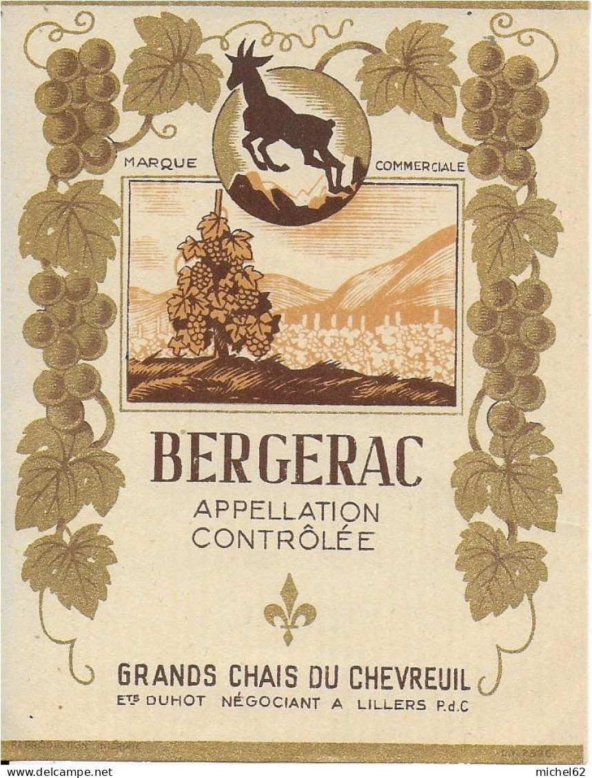 ETIQUETTE  DE  BIERE  NEUVE    BERGERAC GRANDS CHAIS DU CHEVREUIL DUHOT LILLERS PAS DE CALAIS - Altri & Non Classificati