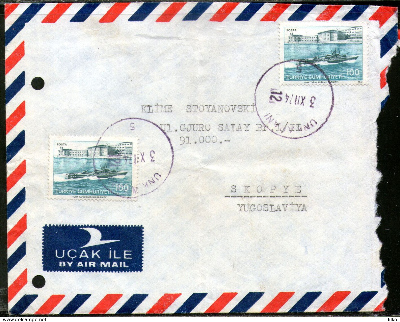 Turkey1974 RR Letter Cancel Unkapani,03.12.1974 To Belgrad Yugoslavia ,,as Scan - Covers & Documents