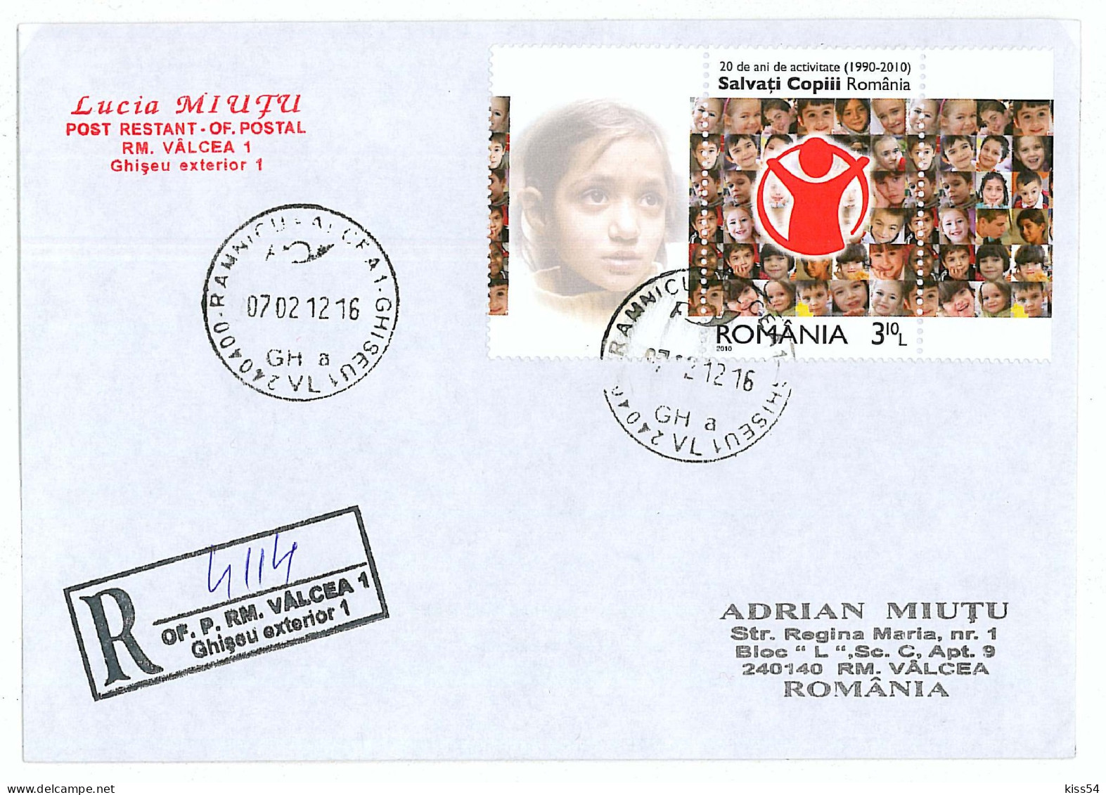 NCP 25 - 4114-a SAVE The CHILDREN, Romania - Registered, Stamp With Vignette & TABS - 2012 - Covers & Documents