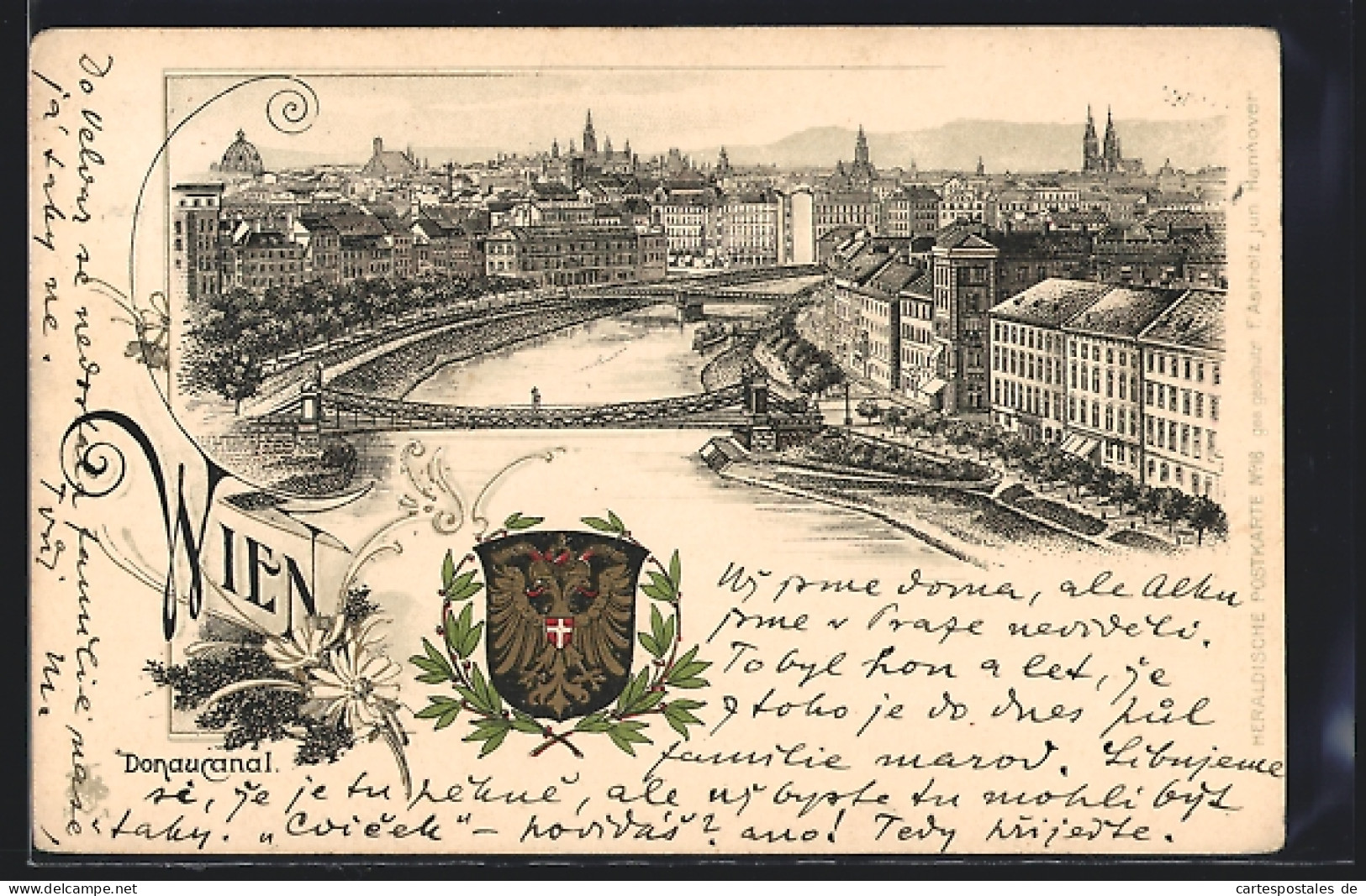 Lithographie Wien, Donaucanal Mit Brücken Aus Der Vogelschau, Wappen  - Autres & Non Classés