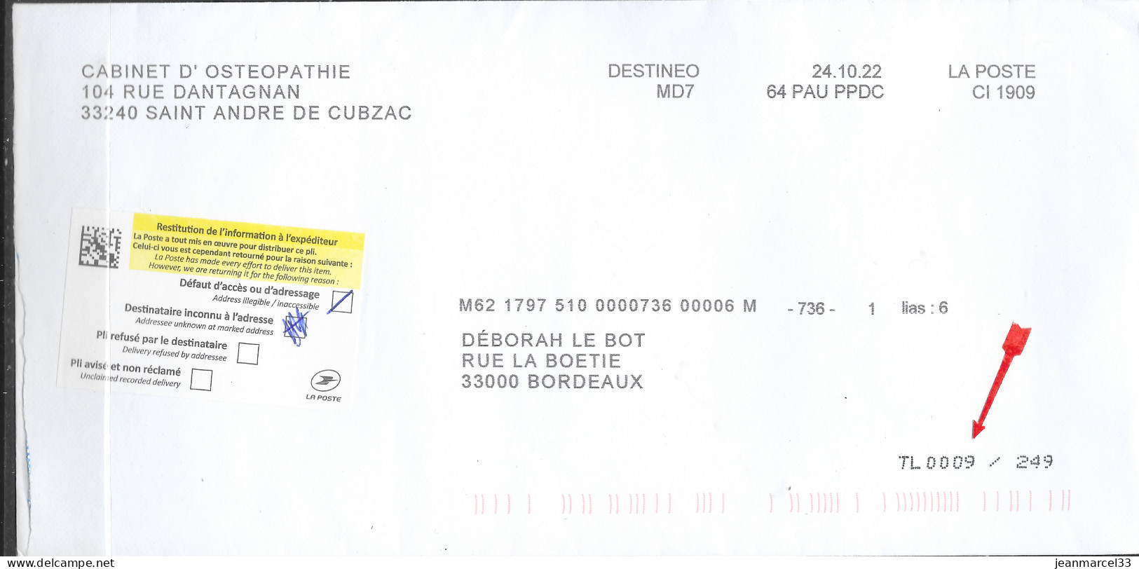 NPAI étiquette REFLEX  Marque TABOU " TL0009  / 249 " Pour Bordeaux La Boetie 24.10.22 - Sonstige & Ohne Zuordnung
