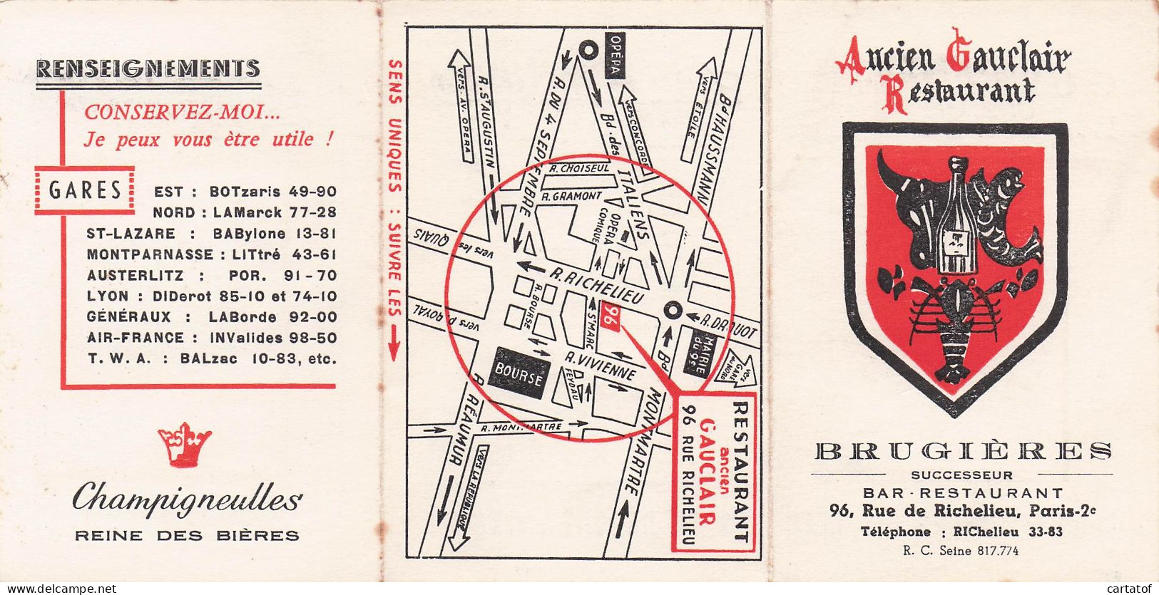 Restaurant ANCIEN GAUCLAIR à BRUGUIERES . Avec Calendrier 1960 - Cartes D'hotel