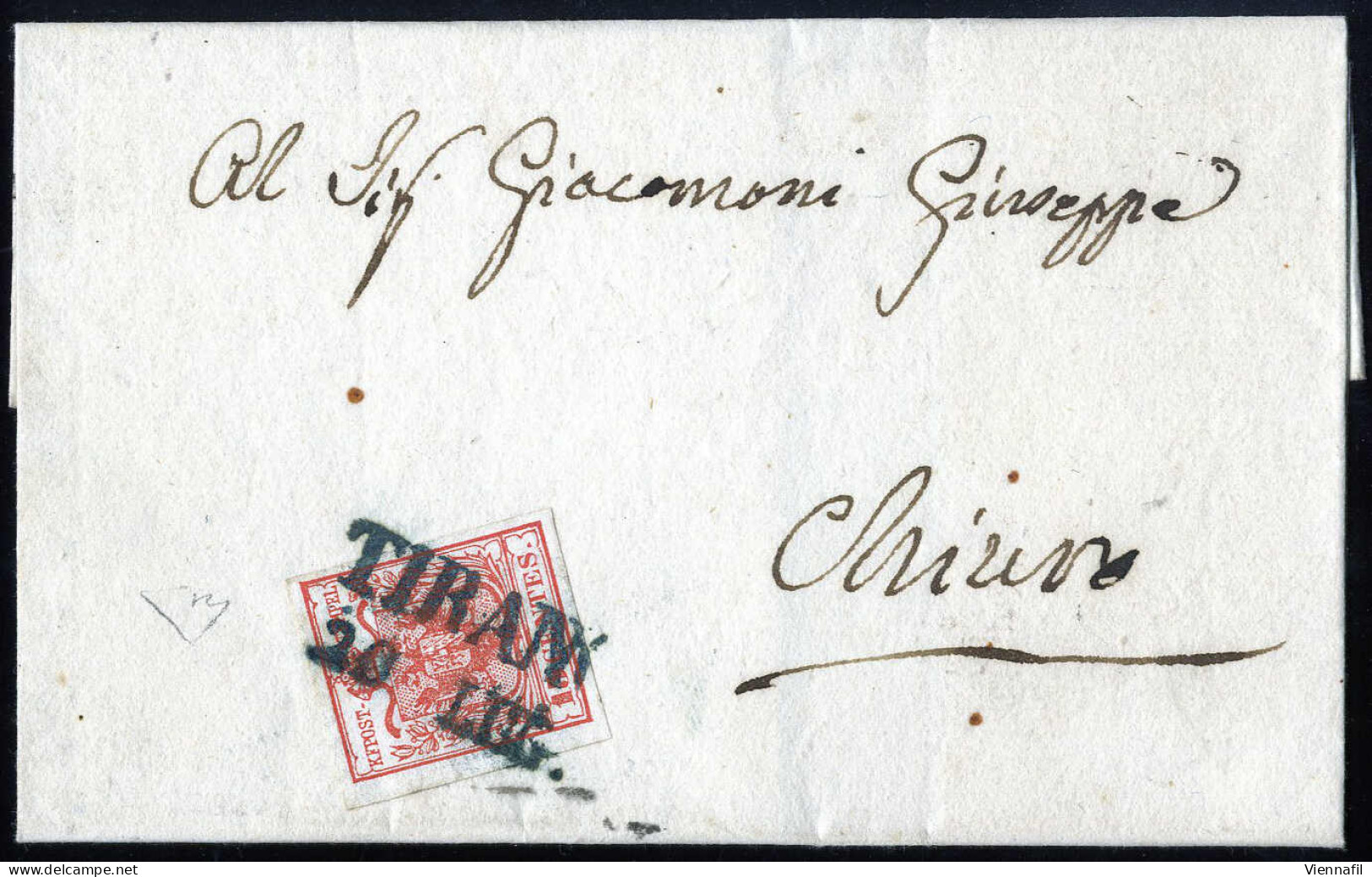 Cover Tirano, (SD Azzurro Punti R1), Su Lettera Del 26.7.1850 Affrancata Con 15 Cent. Rosso Carta A Mano I Tipo Prima Ti - Lombardy-Venetia