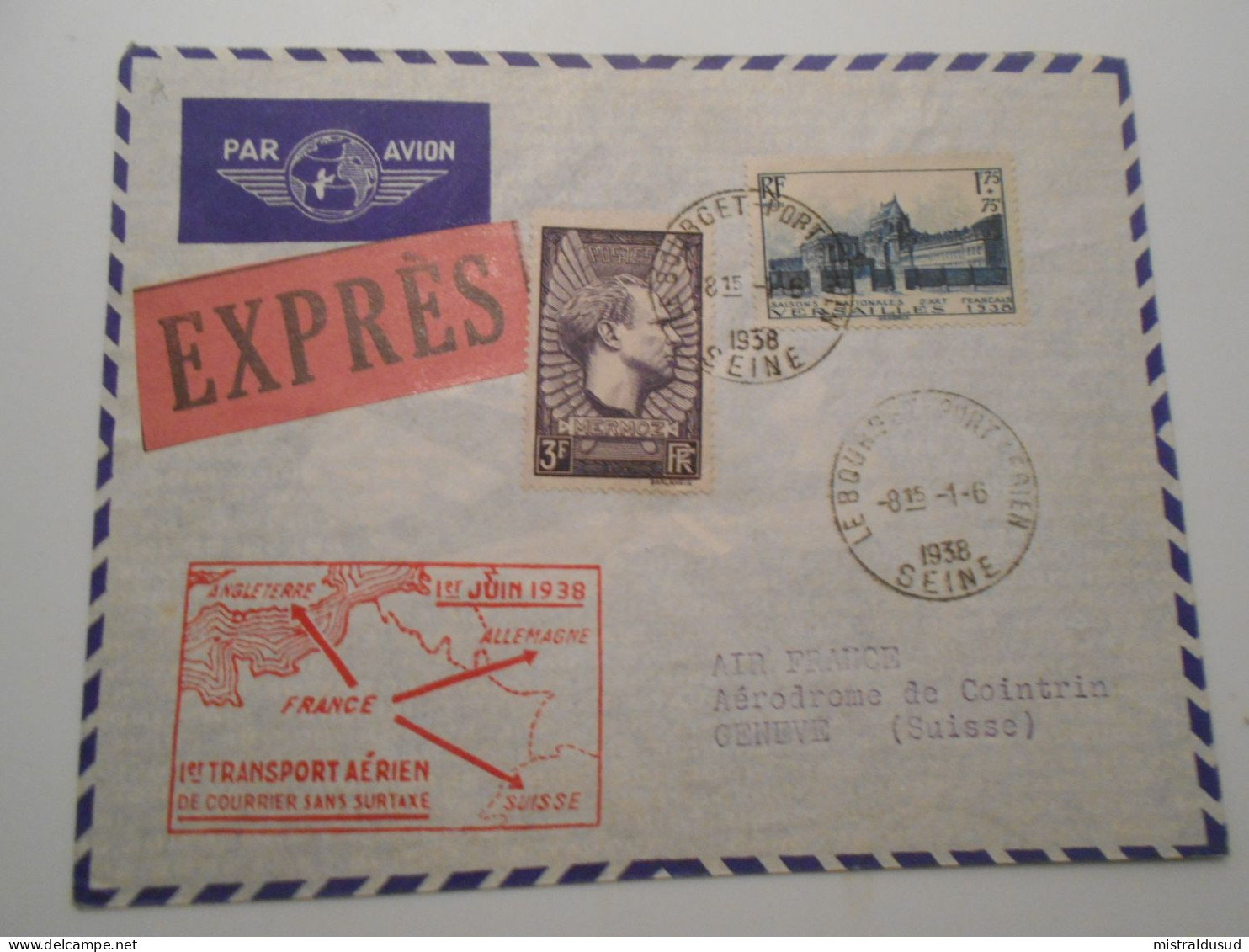 France Poste Aerienne , Lettre Expres Du Bourget Port Aerien 1938 Pour Geneve - 1927-1959 Lettres & Documents