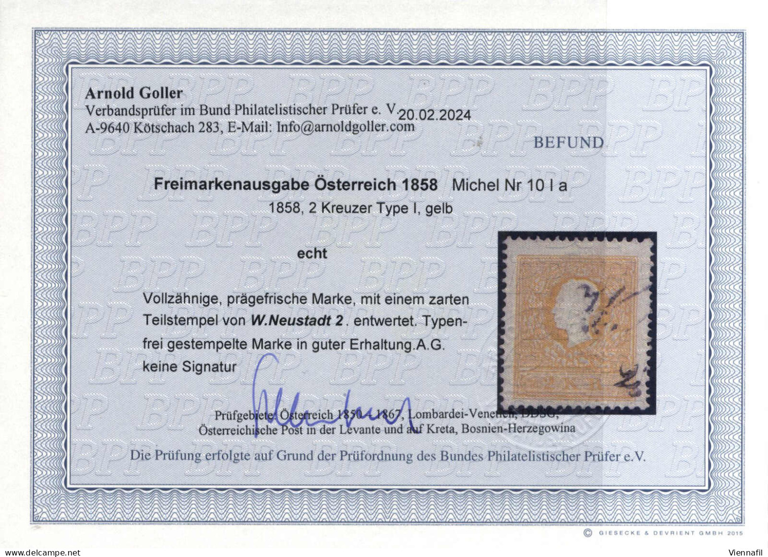 O 1858, 2 Kreuzer Gelb In Type I, Gestempelt, Pracht, Befund Goller, ANK 10 I / 480,- - Altri & Non Classificati