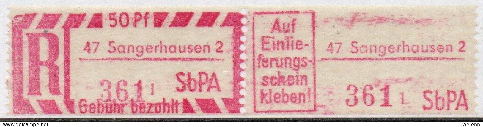 DDR Einschreibemarke Sangerhausen SbPA Postfrisch, EM2B-47-2lII Zh (Mi 2C) - Etiquettes De Recommandé