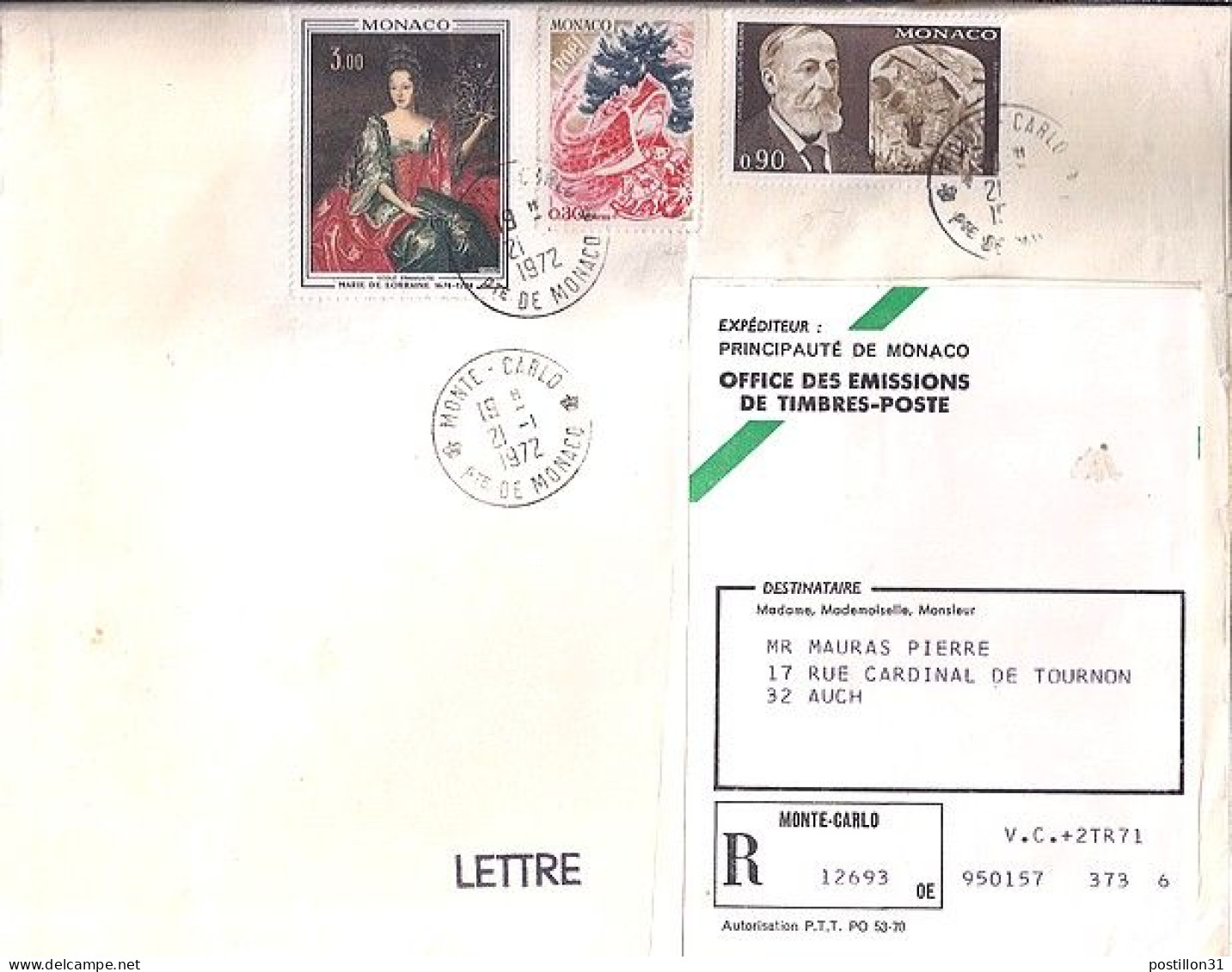 MONACO N° 875/871/869 S/DEVANT De L.REC. DE MONTE CARLO/21.1.72  POUR FRANCE - Lettres & Documents