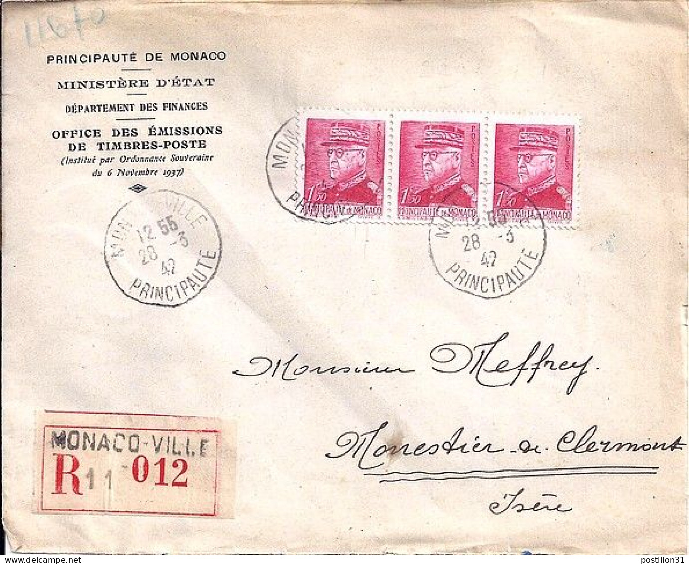 MONACO N° 229x3 S/L.REC. DE MONACO VILLE/28.3.42 POUR FRANCE - Briefe U. Dokumente