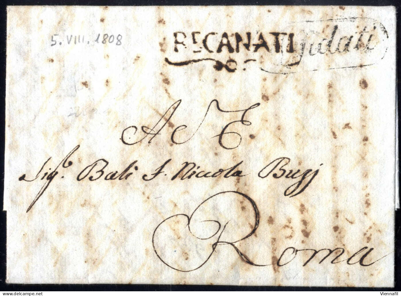 Cover 1808, Lettera Completa Del Testo Del 5.8.1808 Da Recanati A Roma, Bollo Lineare Con Ornamento "RECANATI" Ed In Car - Papal States