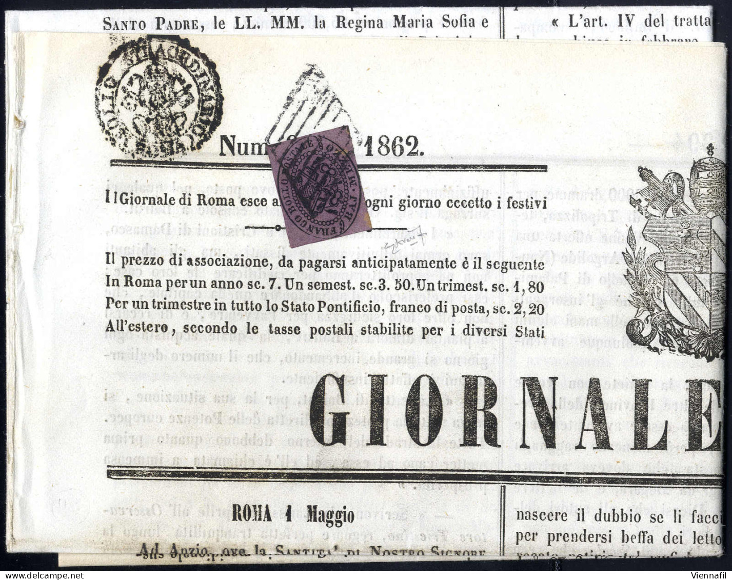 Cover 1852, "½ Baj. Lilla Rosa", Isolato Su "Giornale Di Roma" Del 1.5.1862, Annullato Con Griglia Pontificia, Grande Ra - Papal States