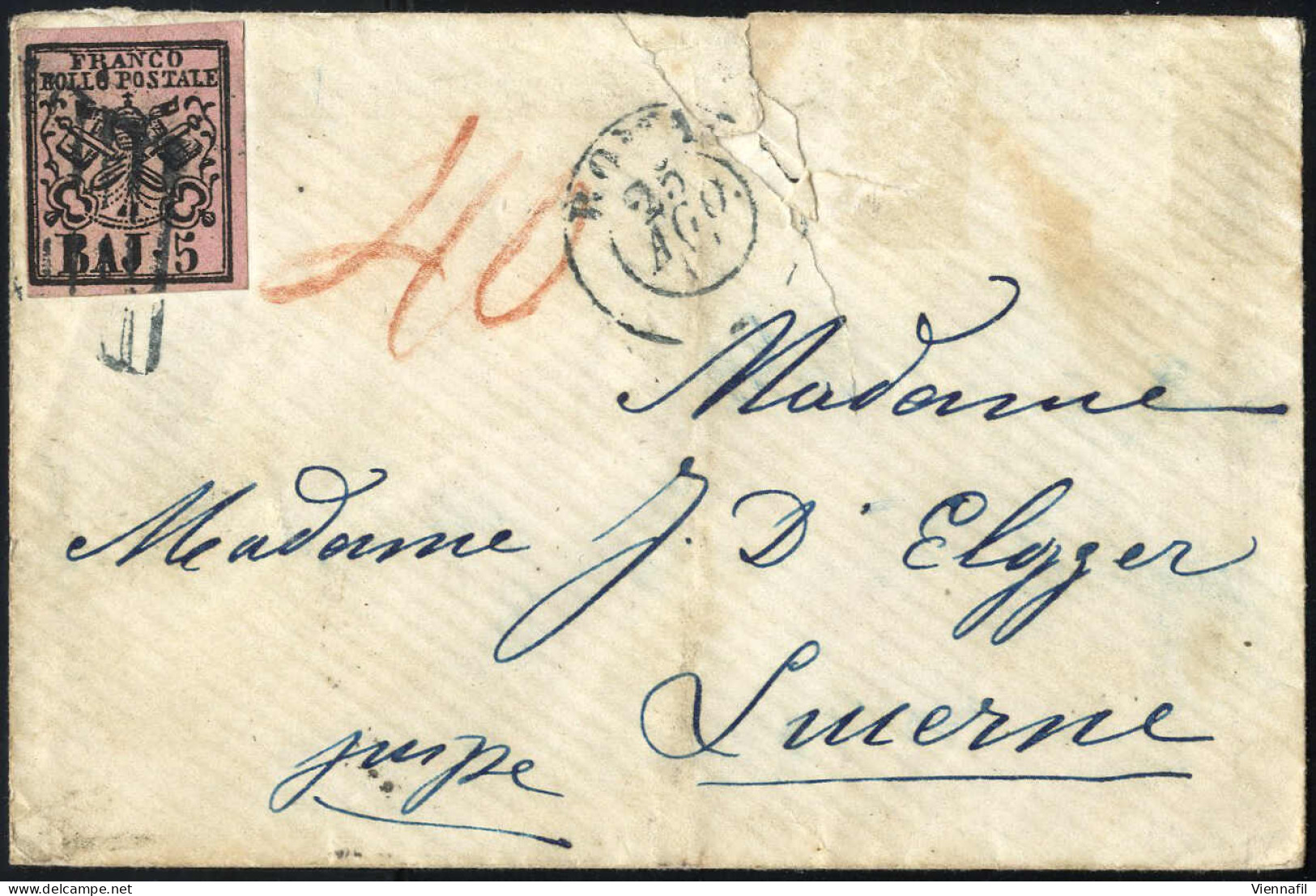 Cover 1854/58, Cinque Lettere Affrancate Per 3, 5, 10 (3+7) E 12 (6+6) Bajocchi, Tre Per Roma E Due Per Lucerna, Qualità - Kirchenstaaten