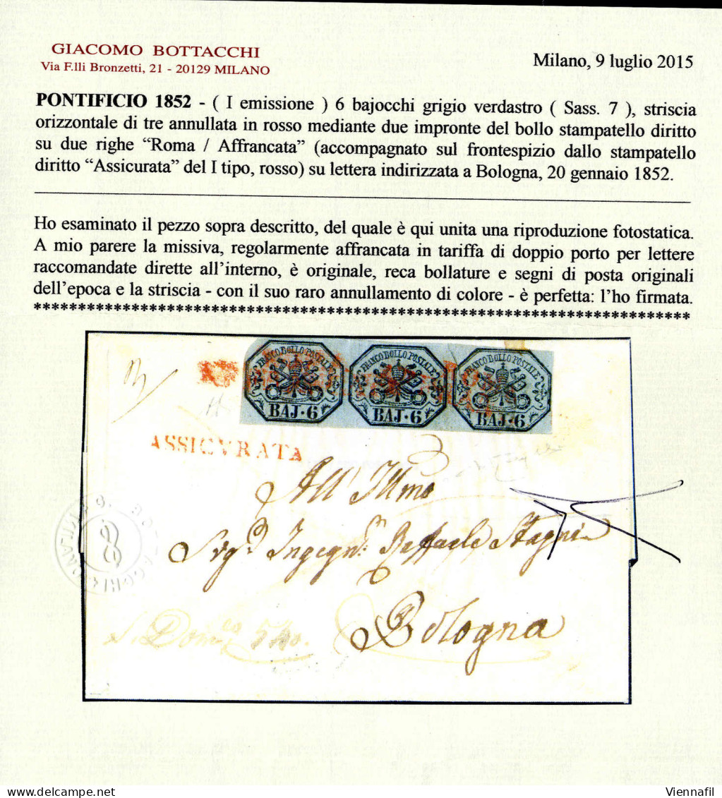 Cover "Roma/Affrancata" (due Volte) E "ASSICURATA" A Lato, Tutti In Rosso, Lettera Del Gennaio 1852 Per Bologna Affranca - Kirchenstaaten