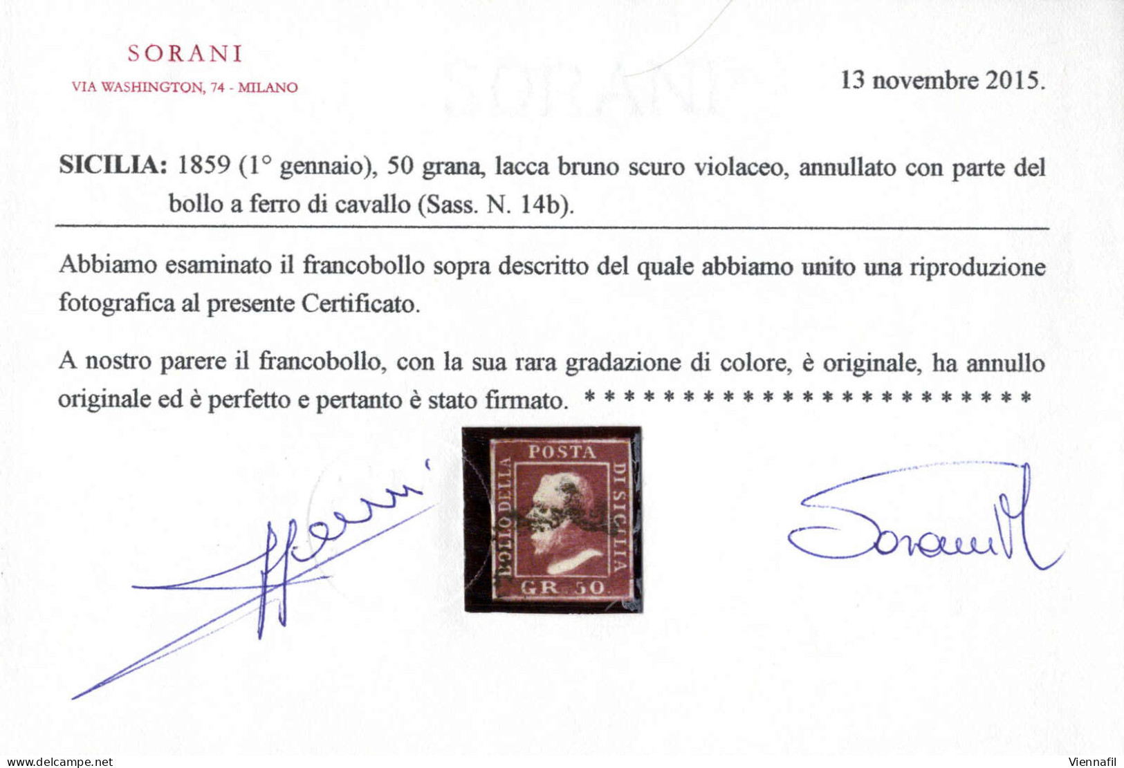 O 1859, 50 Grana Lacca Bruno Scuro Violaceo, Ben Marginato E Annullato Con Parte Del Bollo "ferro Di Cavallo";gradazione - Sizilien