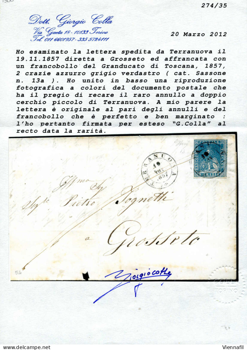 Cover TERRANUOVA: Lettera Del 19.11.1857 Da Terranuova A Grosseto, Affrancata Con 2 Crazie Azzurro Grigio Verdastro Dell - Toscane