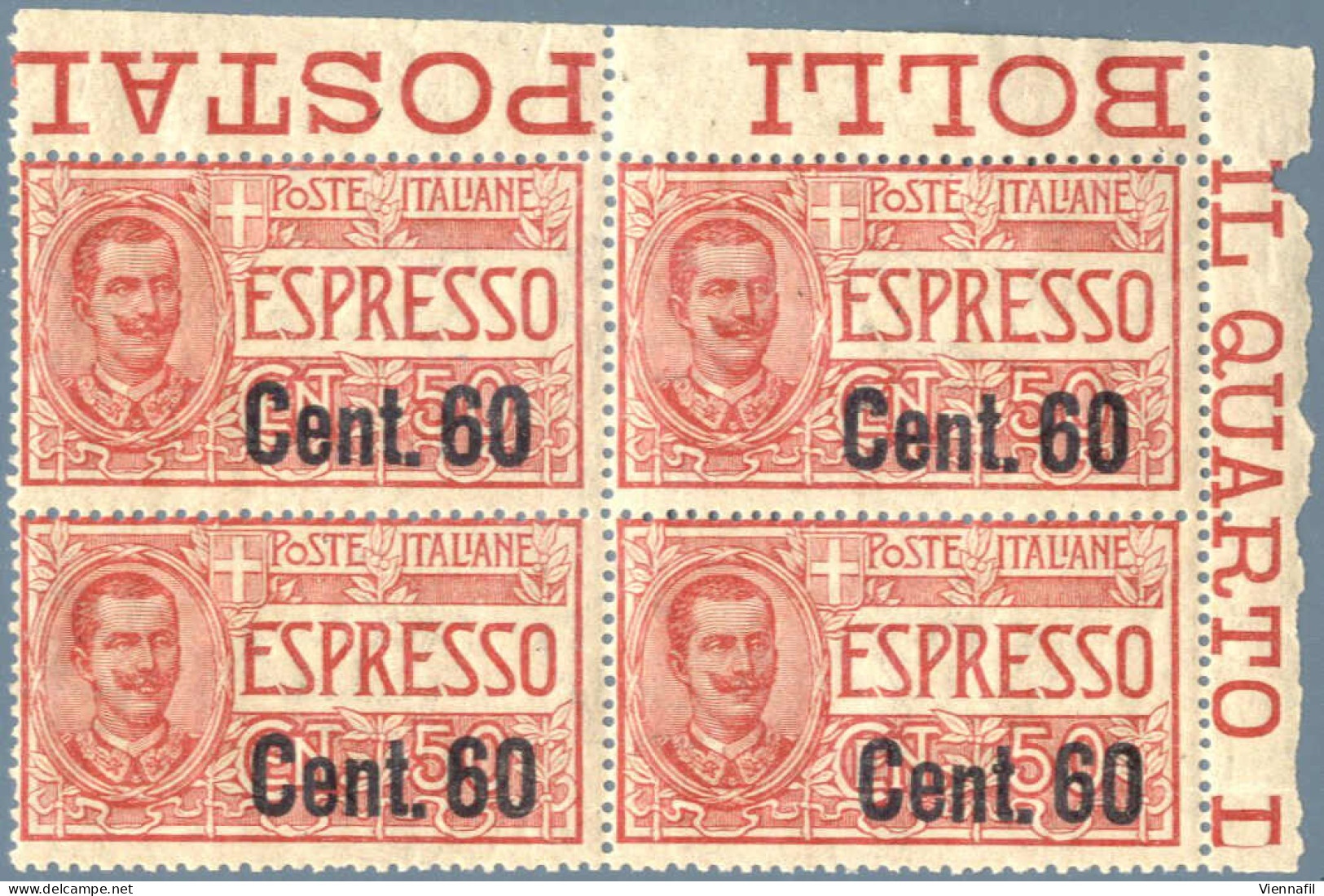 **/bof 1922, Espresso 60 Su 50 C. Rosso, Quartina Con Bordo D'angolo Superiore Destro Con Gomma Integra, Sass. E 6 - Sonstige & Ohne Zuordnung