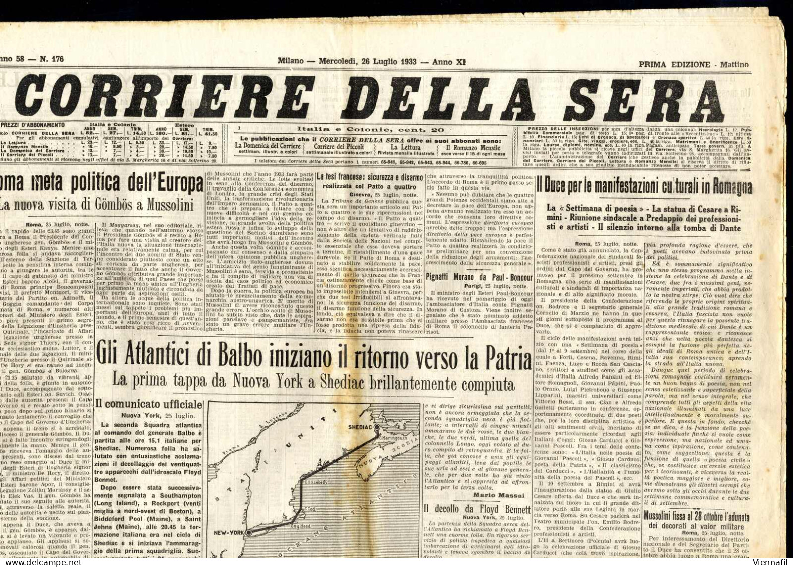 cover 1933, 13 giornali "Corriere della Sera" e un supplemento al "Il Secolo Illustrato", tutti con interessanti articol